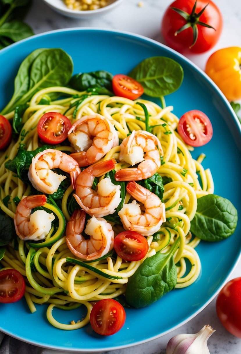 A colorful plate of Shrimp Florentine with zoodles, surrounded by fresh ingredients like spinach, tomatoes, and garlic